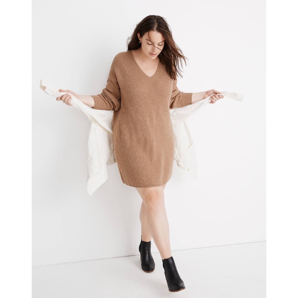 Madewell Tan Ribbed Relaxed V-Neck Sweater Dress